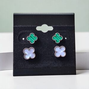 Pearly-White & Green Stainless Steel Clover Earrings - 2 Pairs